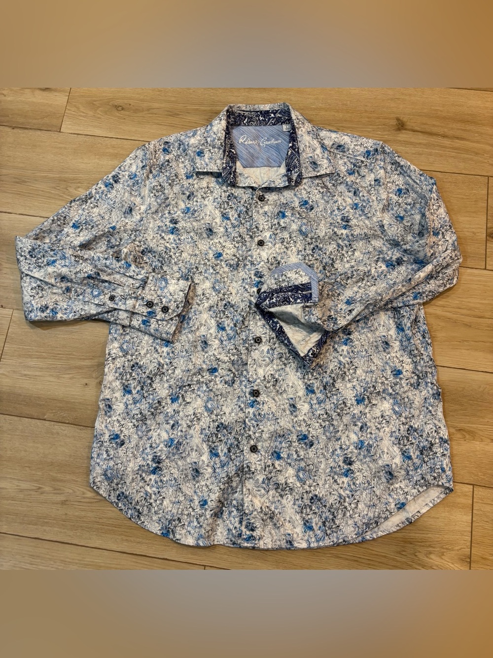 Robert Graham Shirt Mens L Blue White Floral Long Sleeve Excellent Paisley Trim